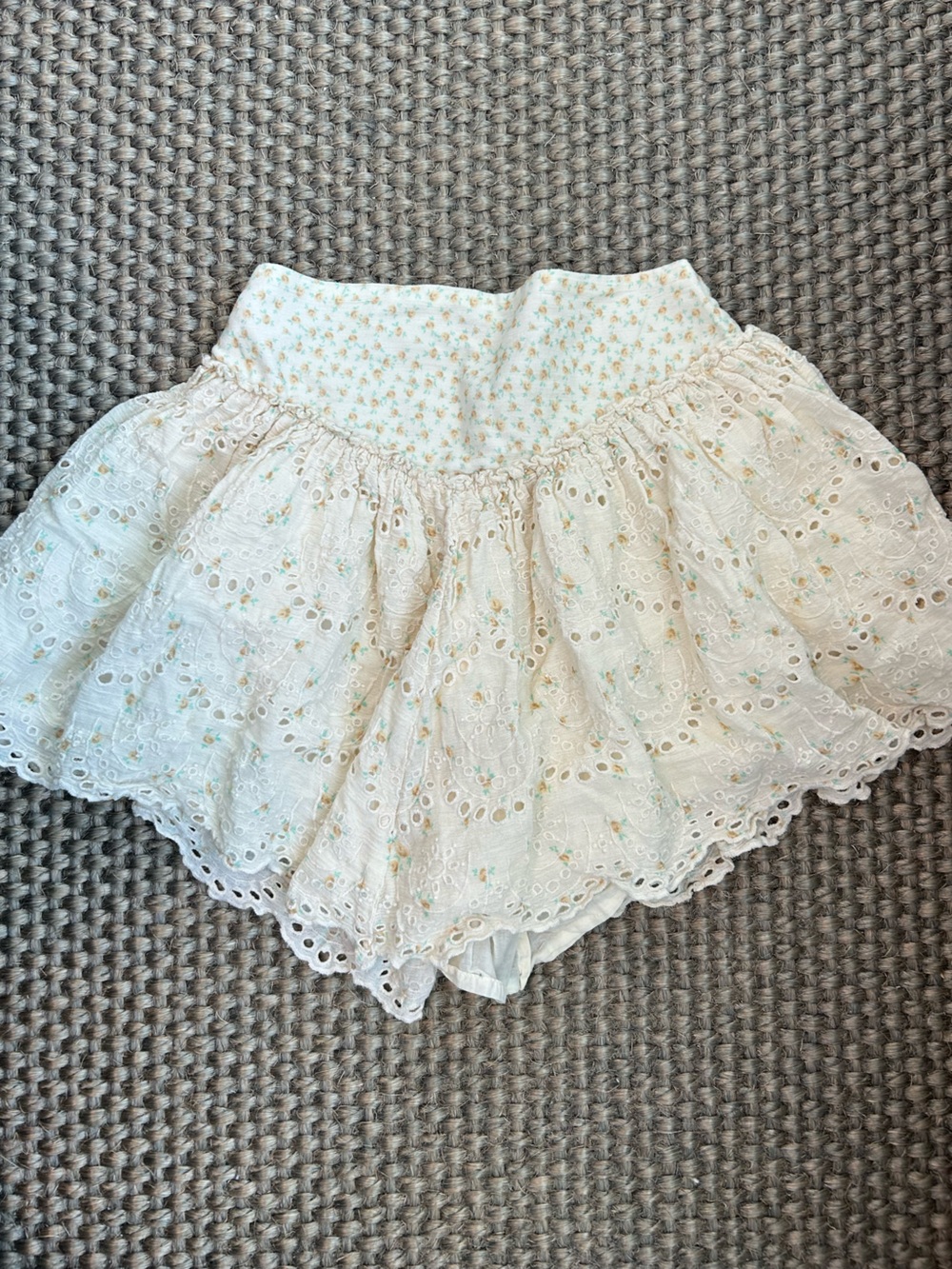Free People Cream Eyelet Skater Skirt with Yellow & Mint Dots